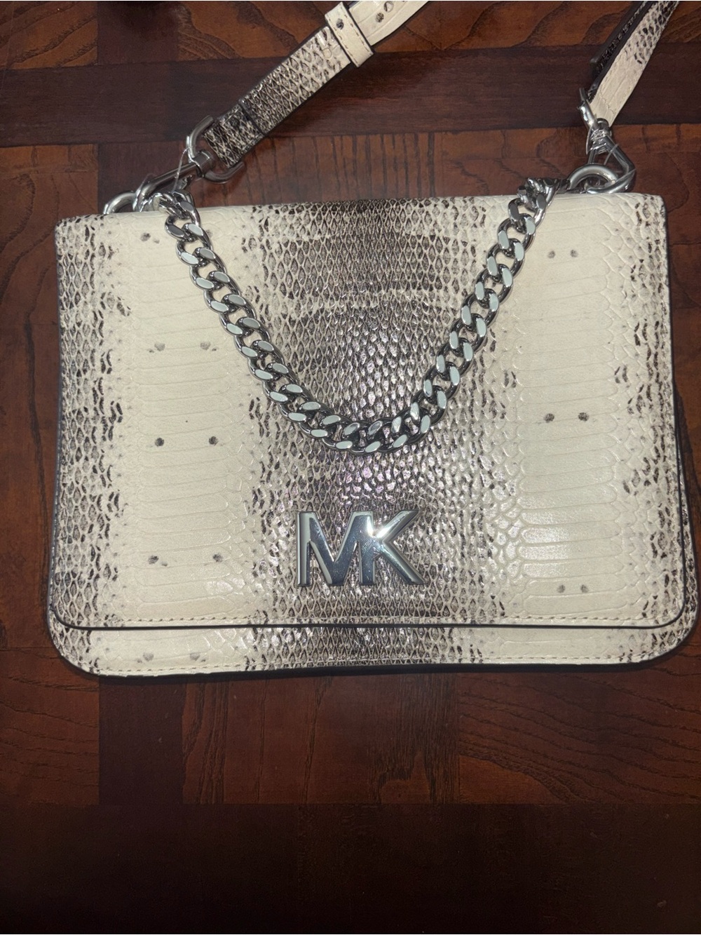 Michael Kors Cream and Gray Snake-Embossed Crossbody with Silver Chain